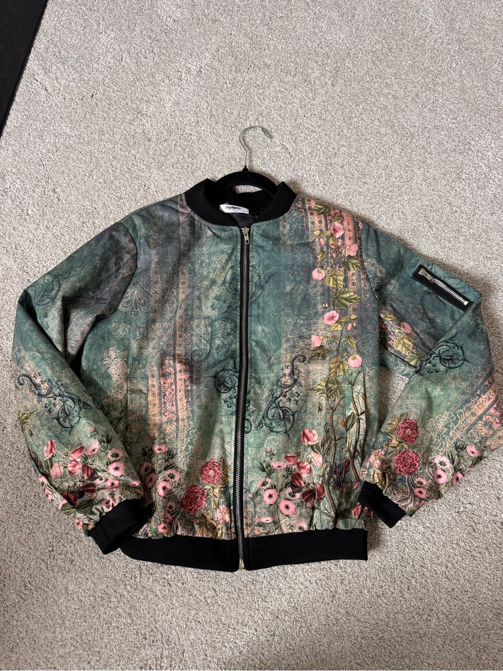 Floral Green Bomber Jacket with Black Trim - Women
